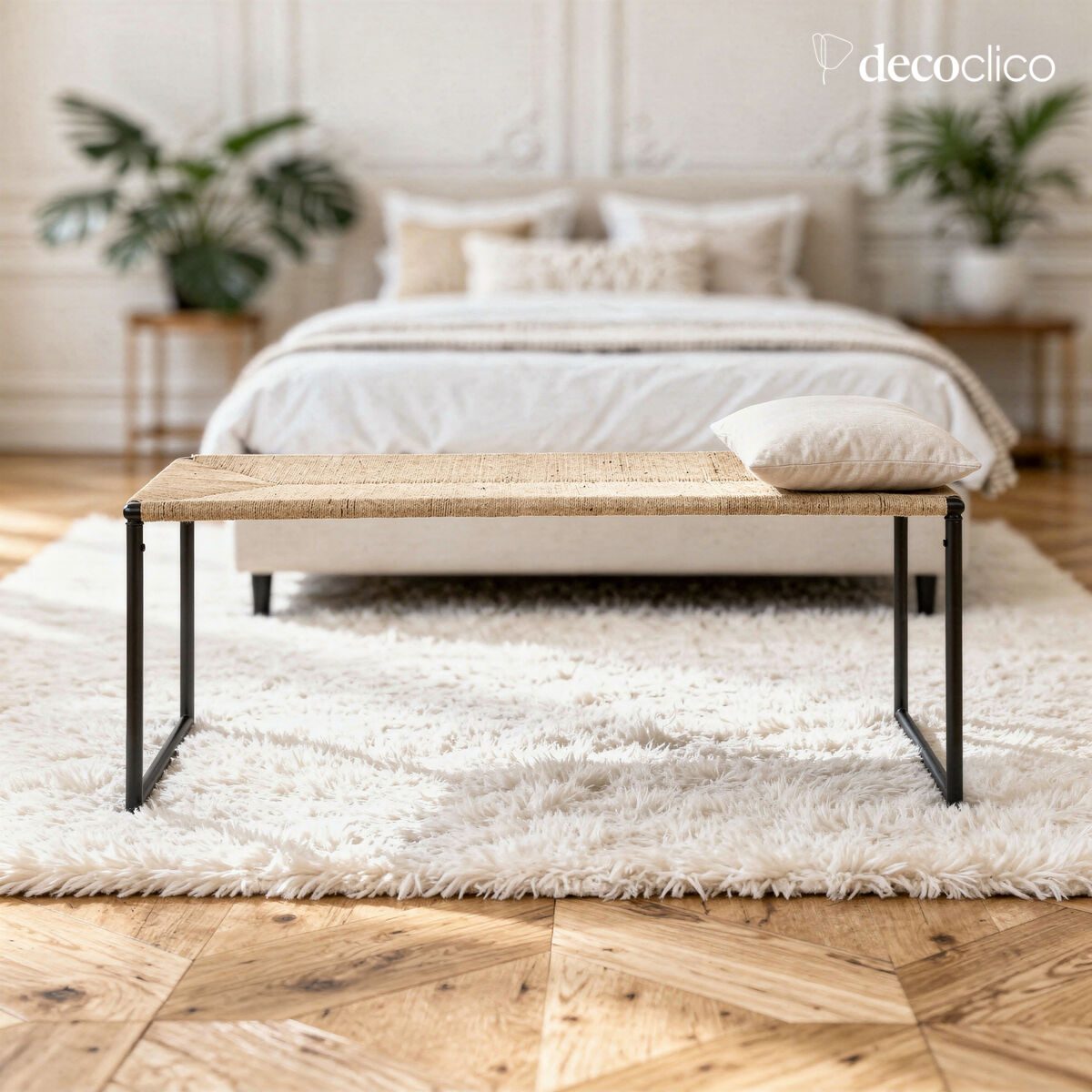 Banc bout de lit en métal noir mat et corde Natura