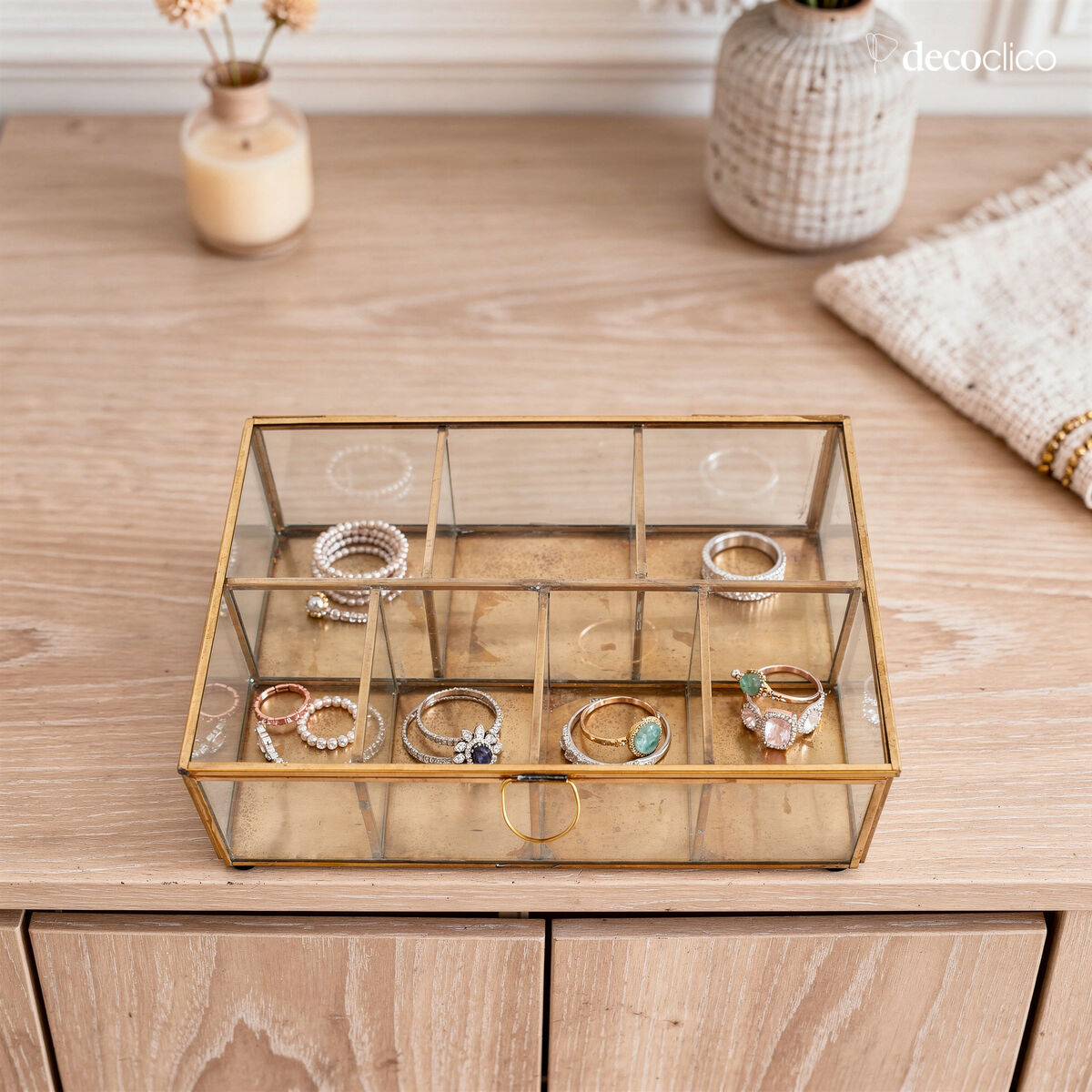 Boîte à bijoux rectangulaire 6 compartiments en métal doré mat et verre Mira