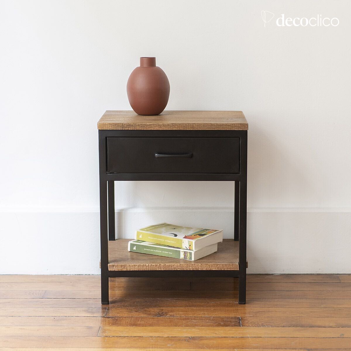 Chevet en métal noir mat et plateaux en manguier 1 tiroir Brooke