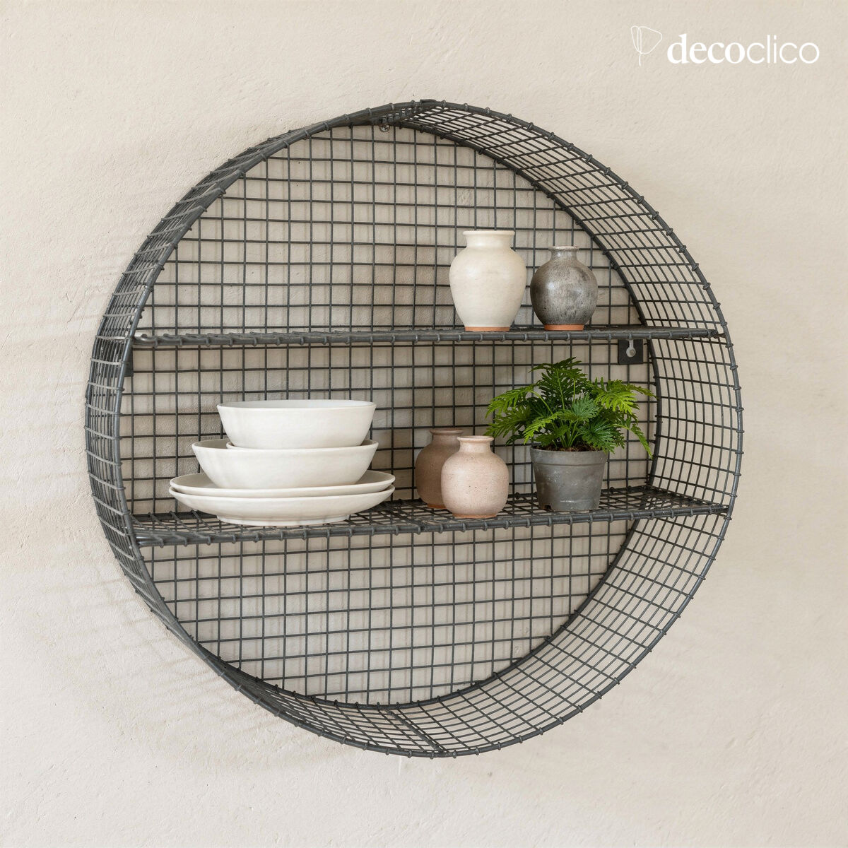 Etagère murale ronde en métal grillagé anthracite Greed