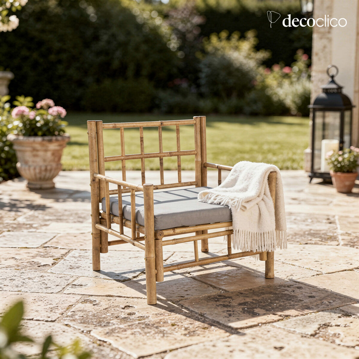 Fauteuil de jardin en bambou naturel avec coussin gris outdoor Taman