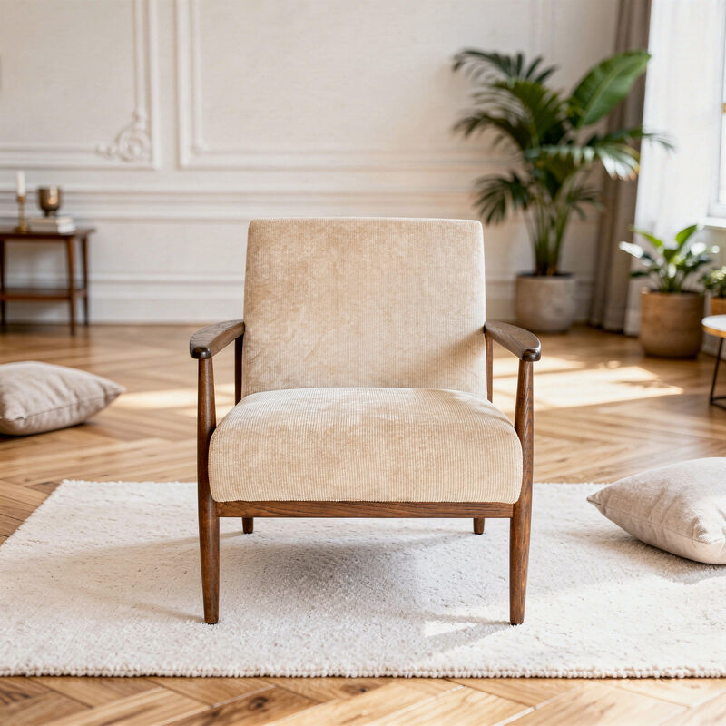 Fauteuil en frêne et velours côtelé beige Octave