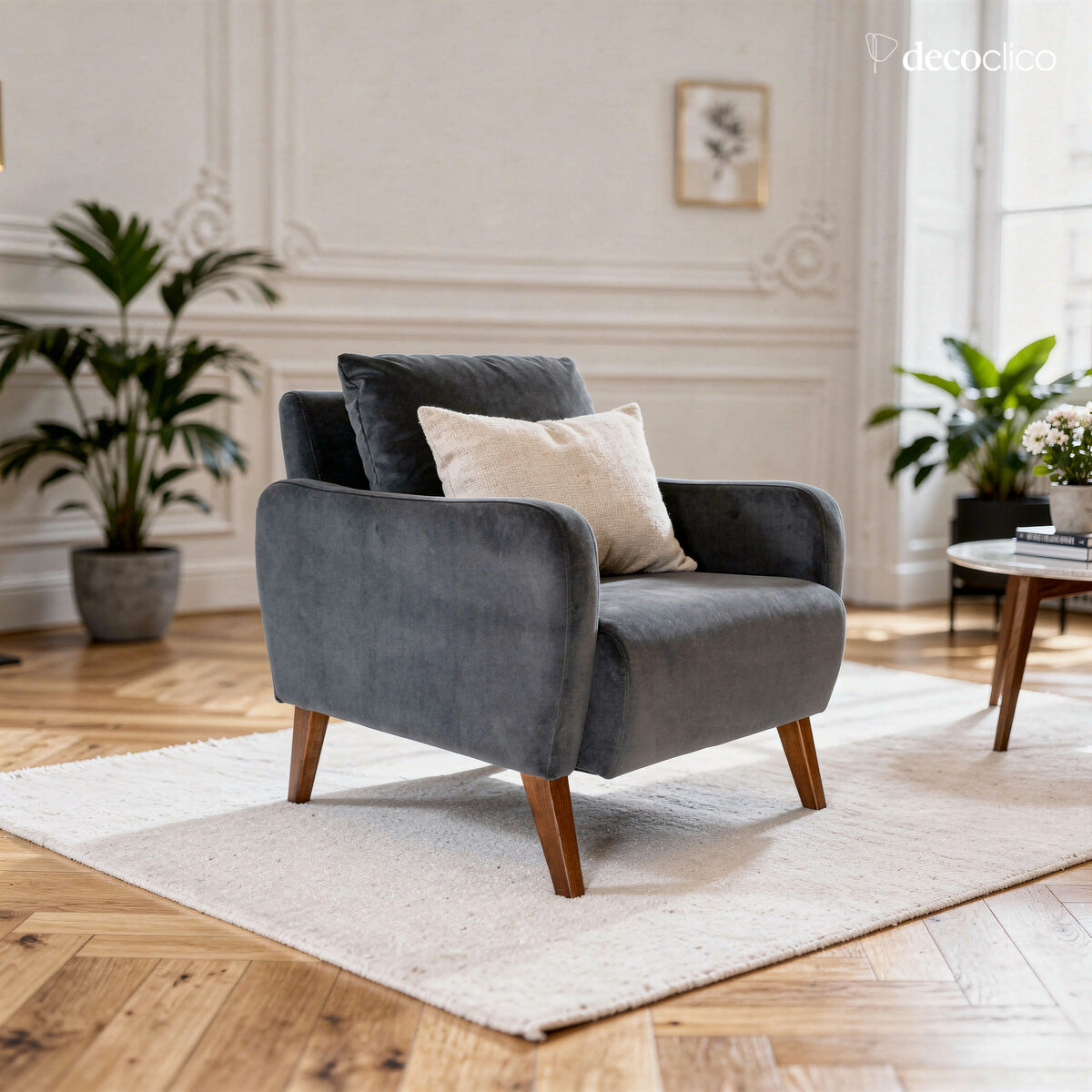Fauteuil en frêne et velours gris Léon