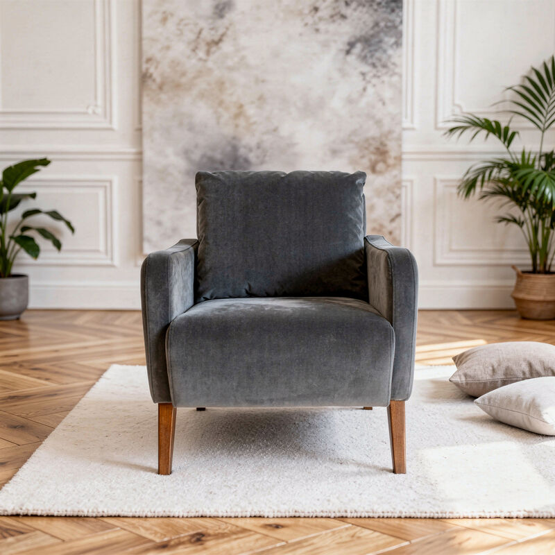 Fauteuil en frêne et velours gris Léon