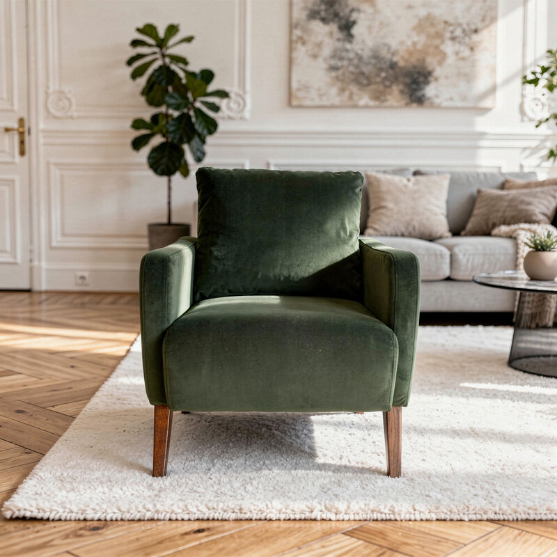 Fauteuil en frêne et velours vert Léon
