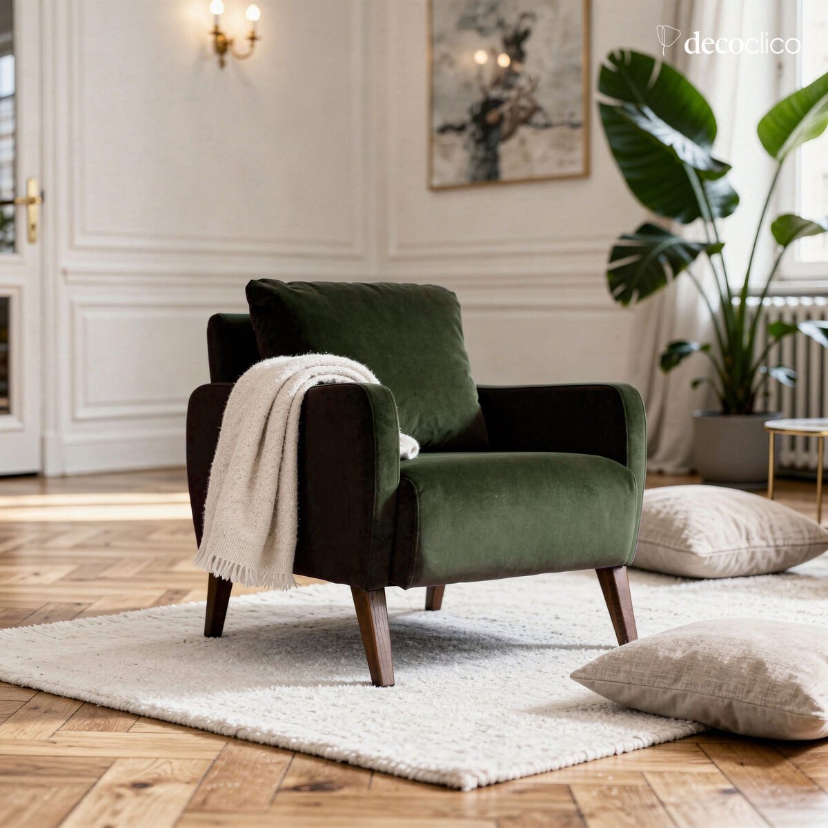 Fauteuil en frêne et velours vert Léon