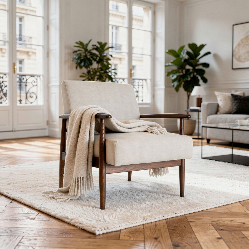 Fauteuil lounge en frêne teinté et tissu lin/coton beige Octave