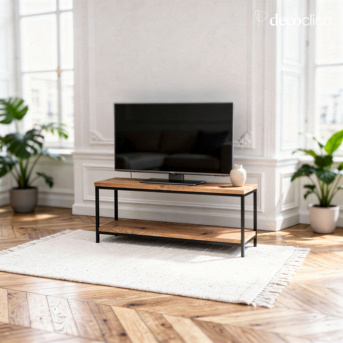 Meuble TV double plateau en manguier et métal noir Brooke