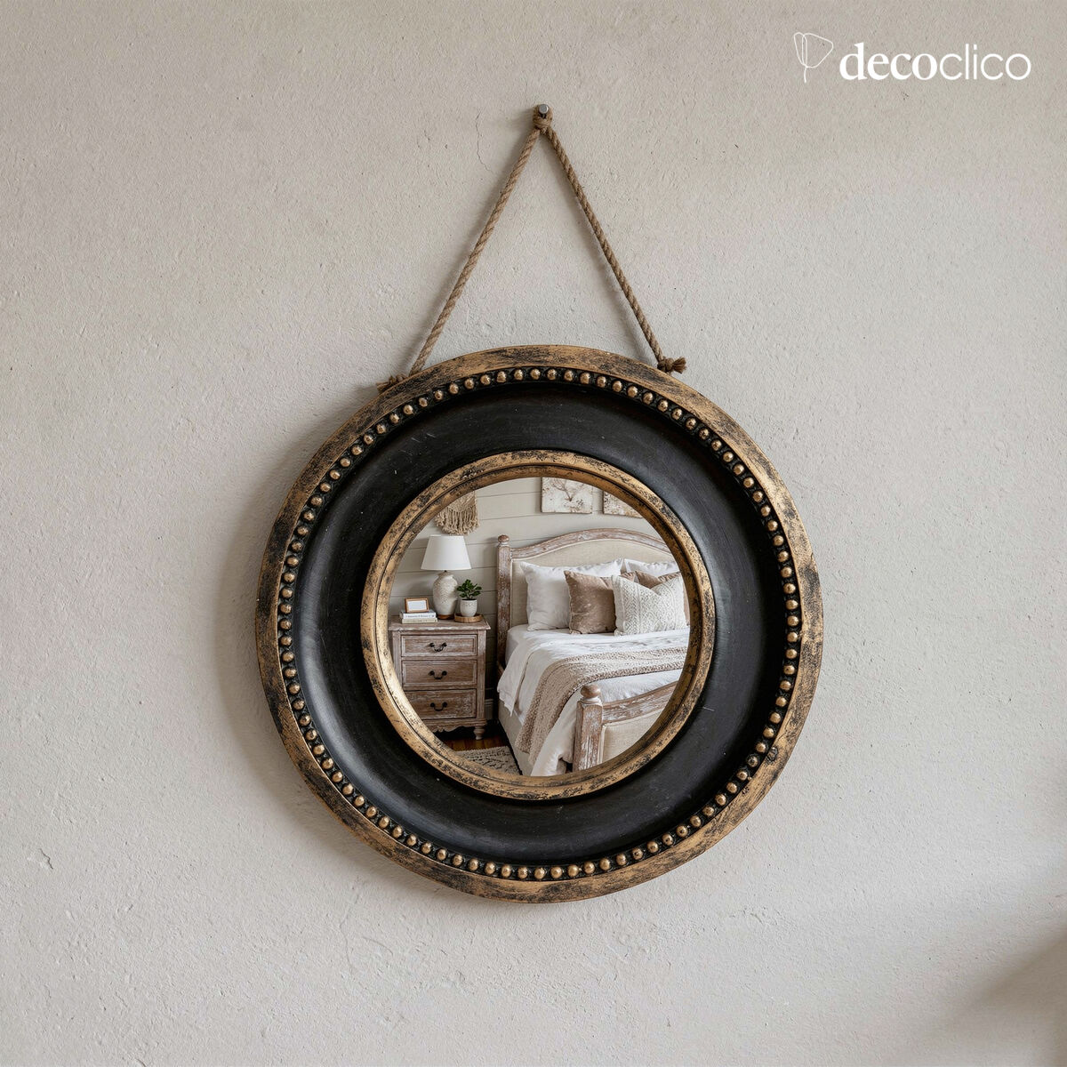 Miroir rond convexe oeil de sorcière large contour ton charbon et doré mat MINUIT