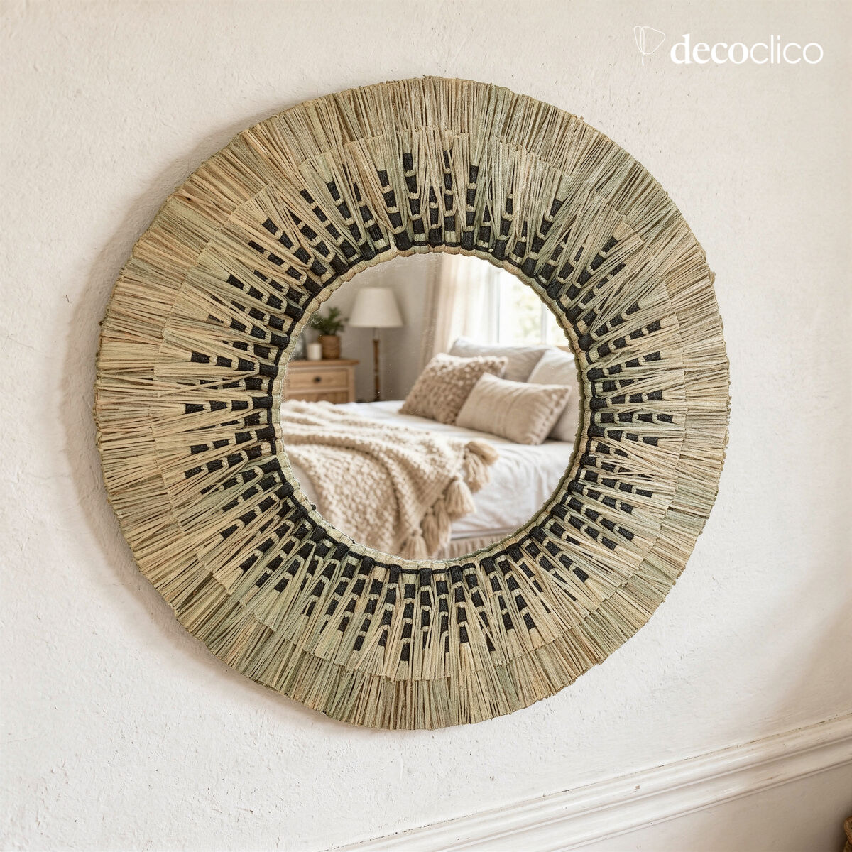 Miroir rond en paille de mendong naturel et noir 60 cm Sorong
