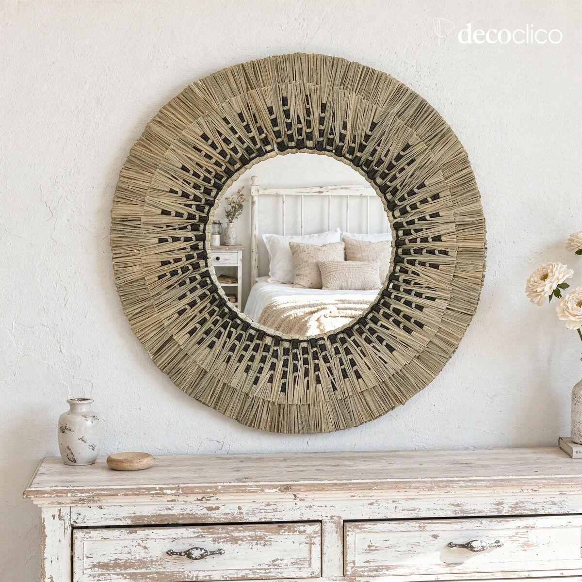 Miroir rond en paille de mendong naturel et noir 60 cm Sorong
