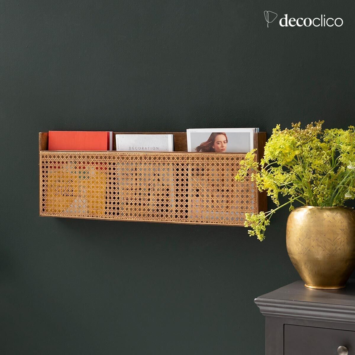 Porte-revues mural en manguier et cannage vintage Georges