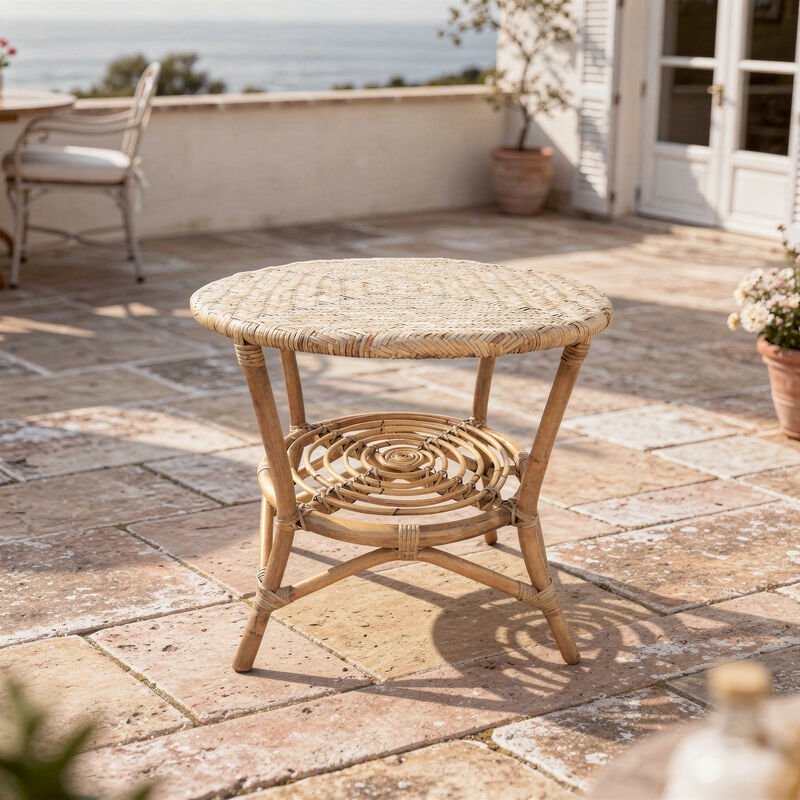 Table basse guéridon plateau en rotin naturel tressé Cabourg