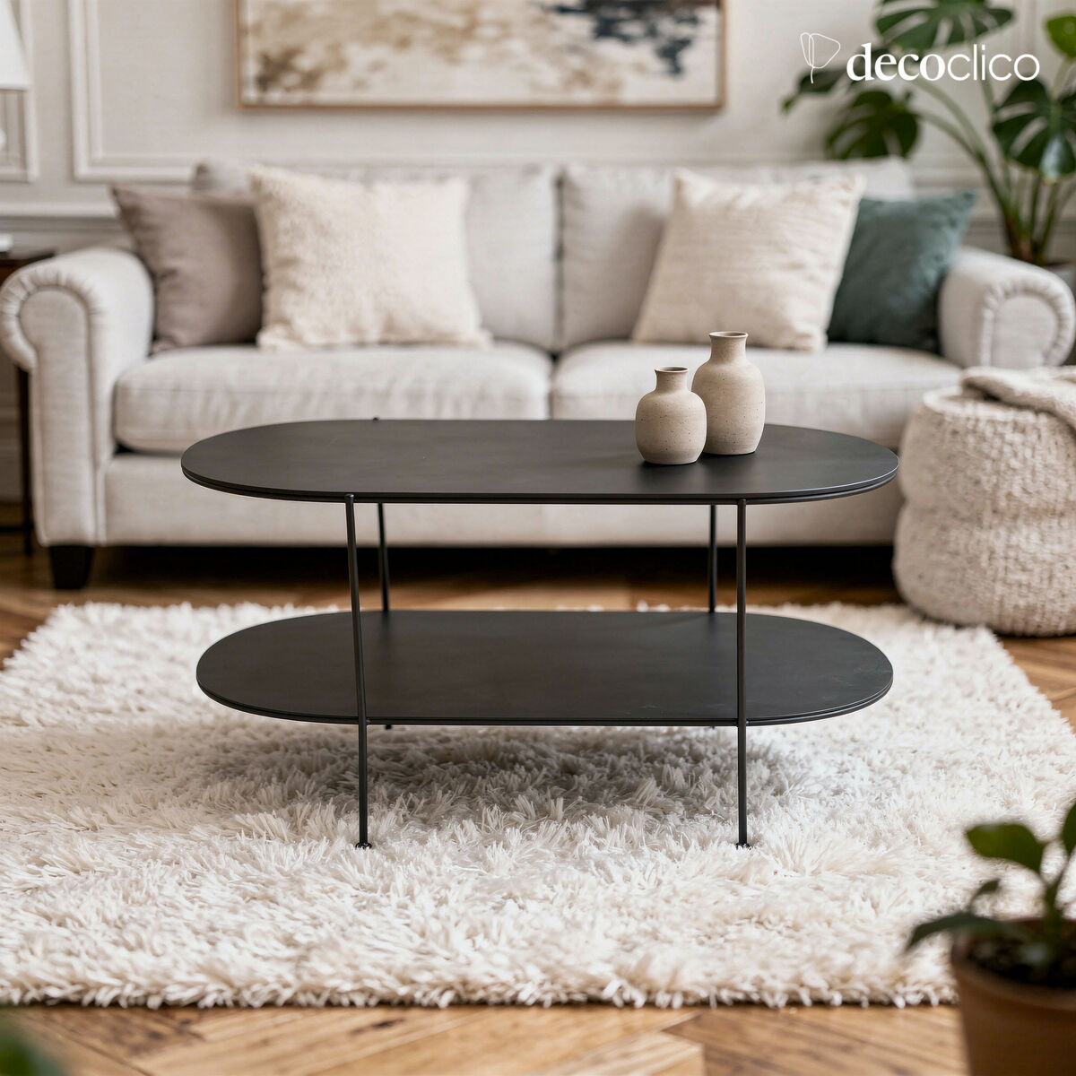 Table basse ovale double niveau en métal noir mat Bellevue