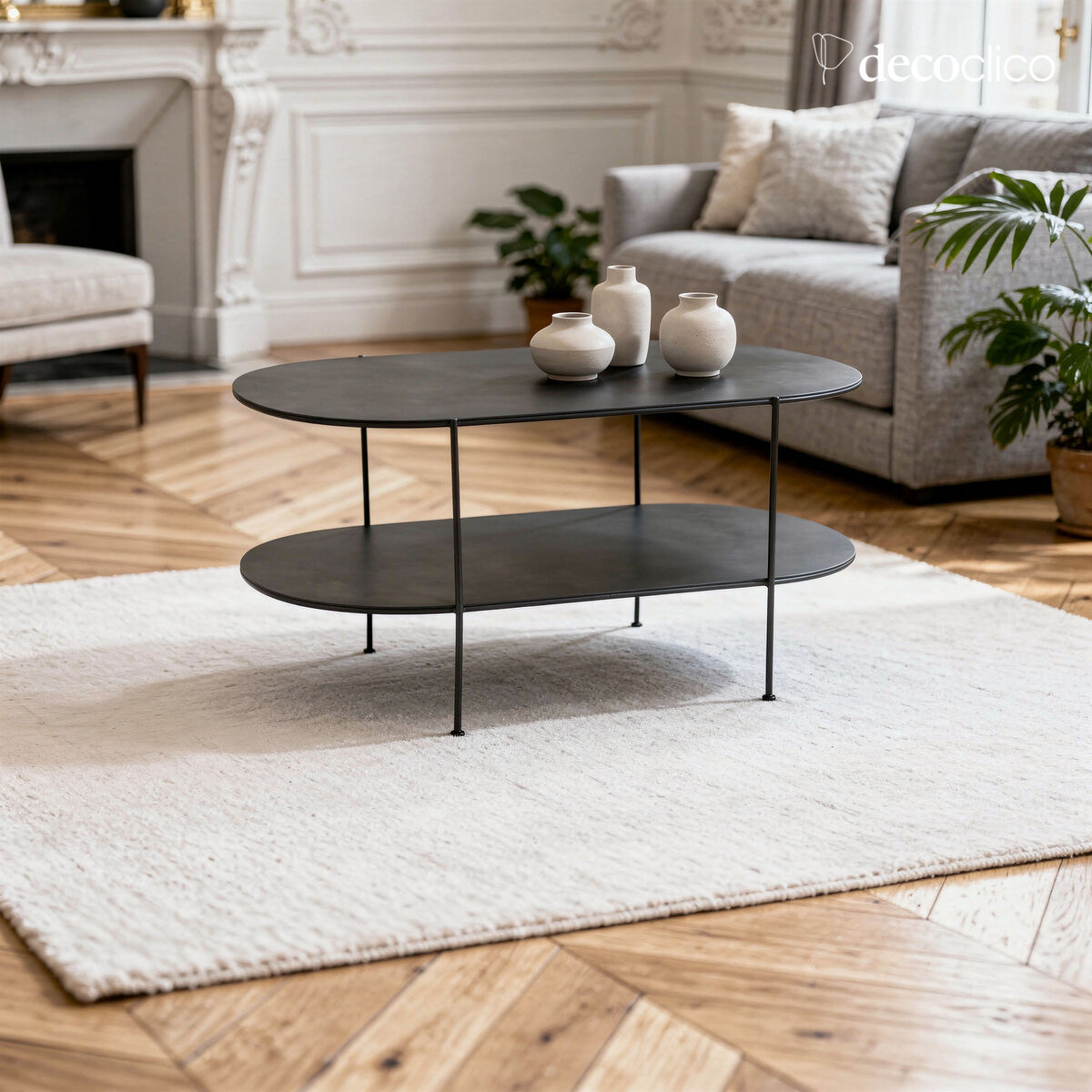 Table basse ovale double niveau en métal noir mat Bellevue