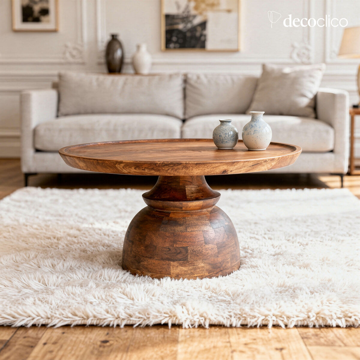 Table basse ronde en bois massif marron Totem