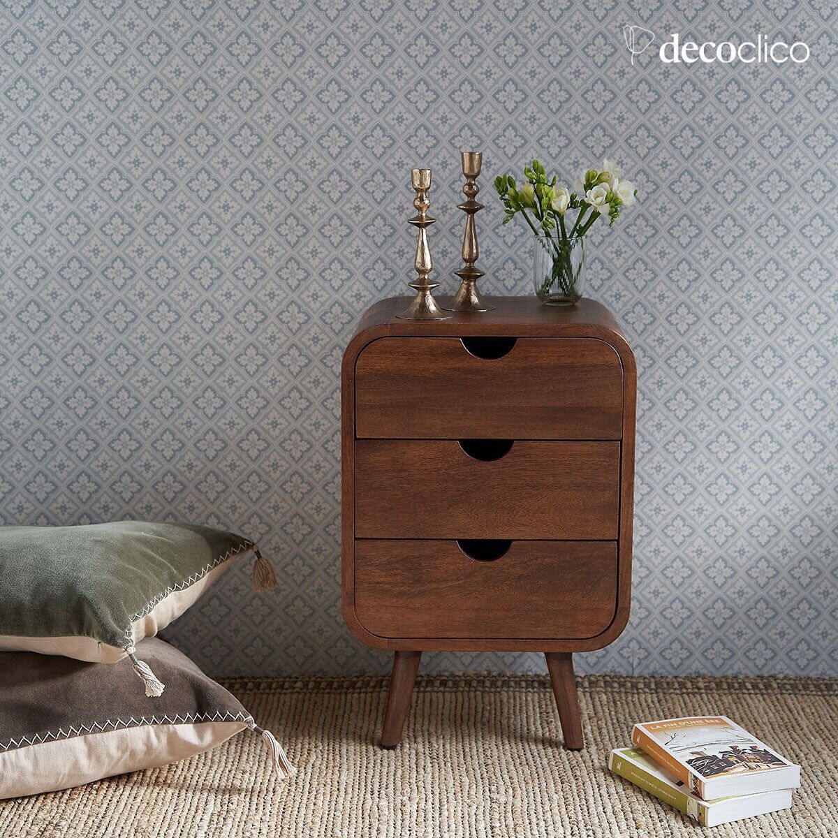 Table de chevet en manguier teinté noyer 3 tiroirs Hanko