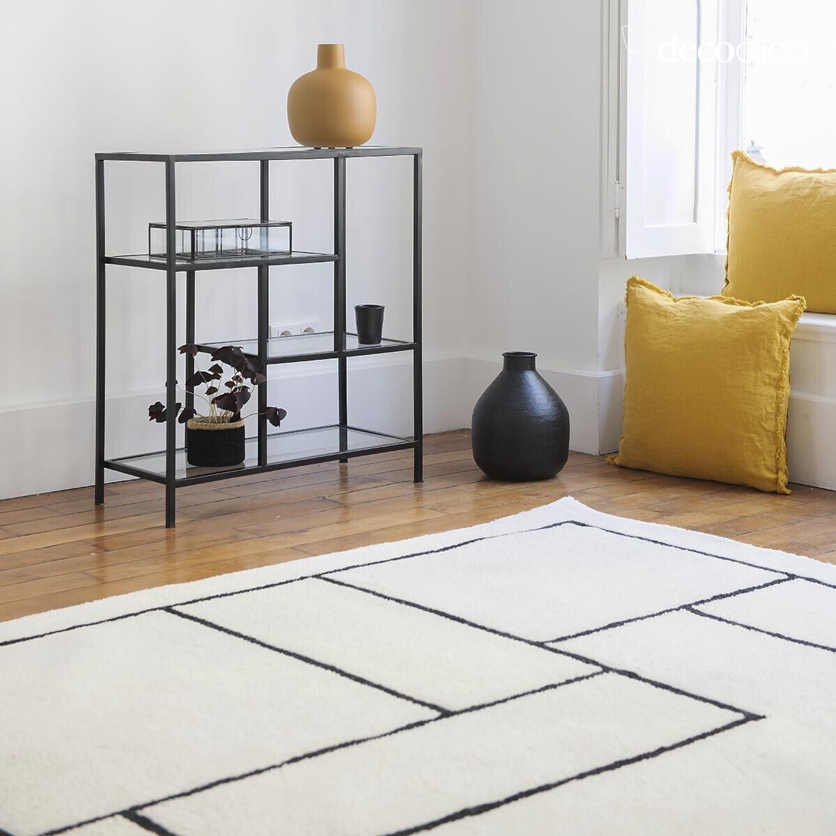 Tapis 100% laine écru à motifs noirs tissé main 140 x 200 cm Bergen