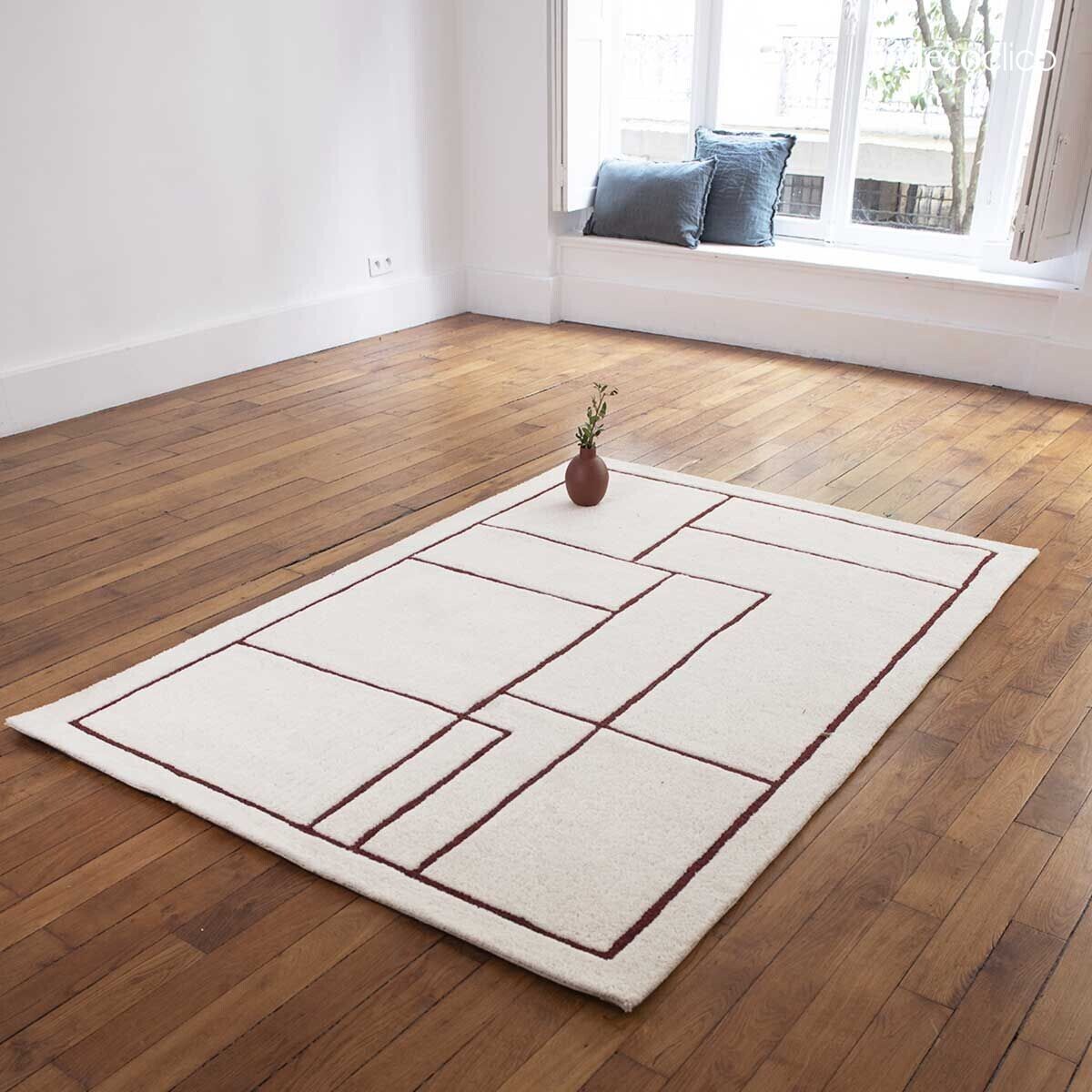 Tapis 100% laine écru à motifs terracotta tissé main 140 x 200 cm Bergen