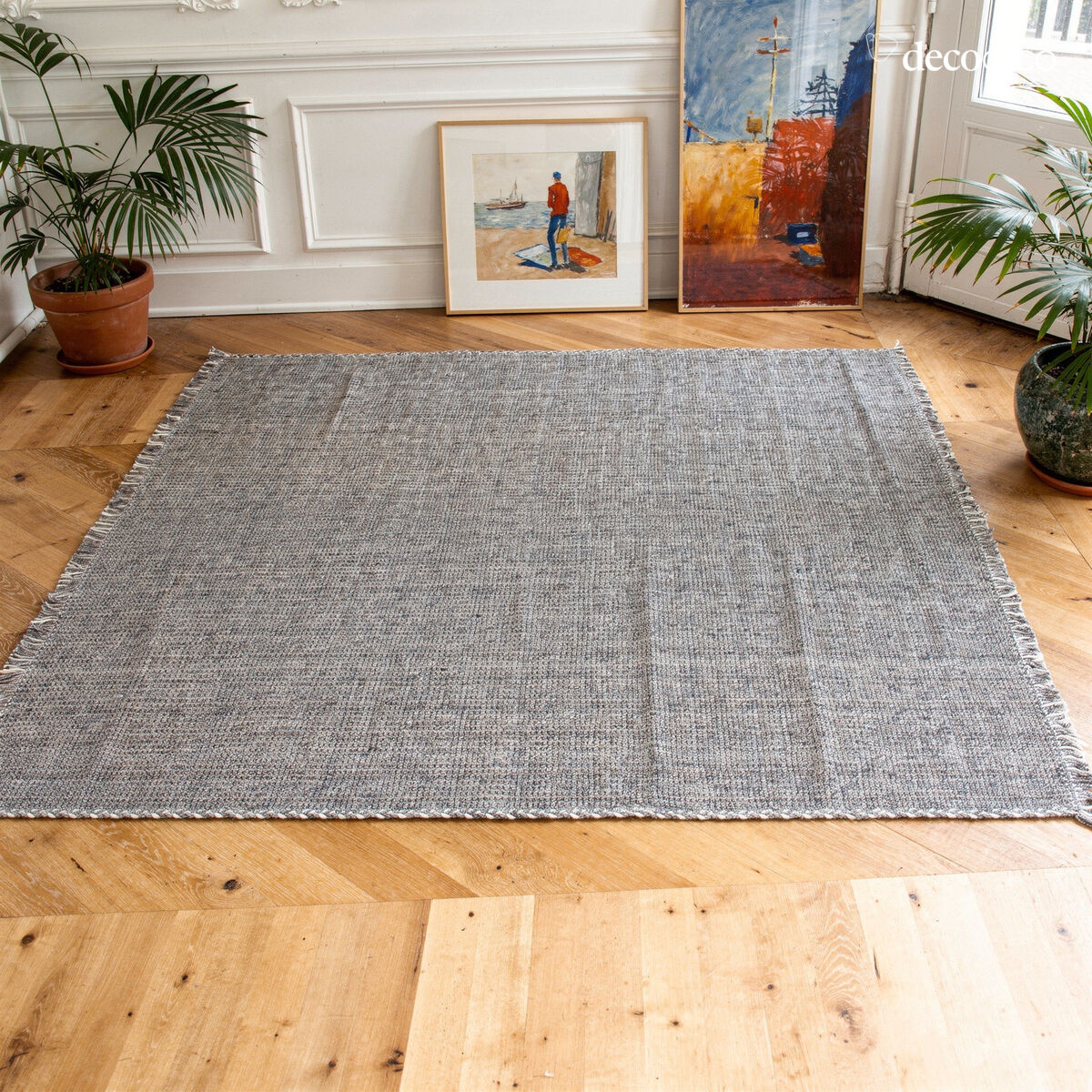 Tapis rectangulaire en laine tressée écrue et grise tissé main 200 x 300 cm Mickey
