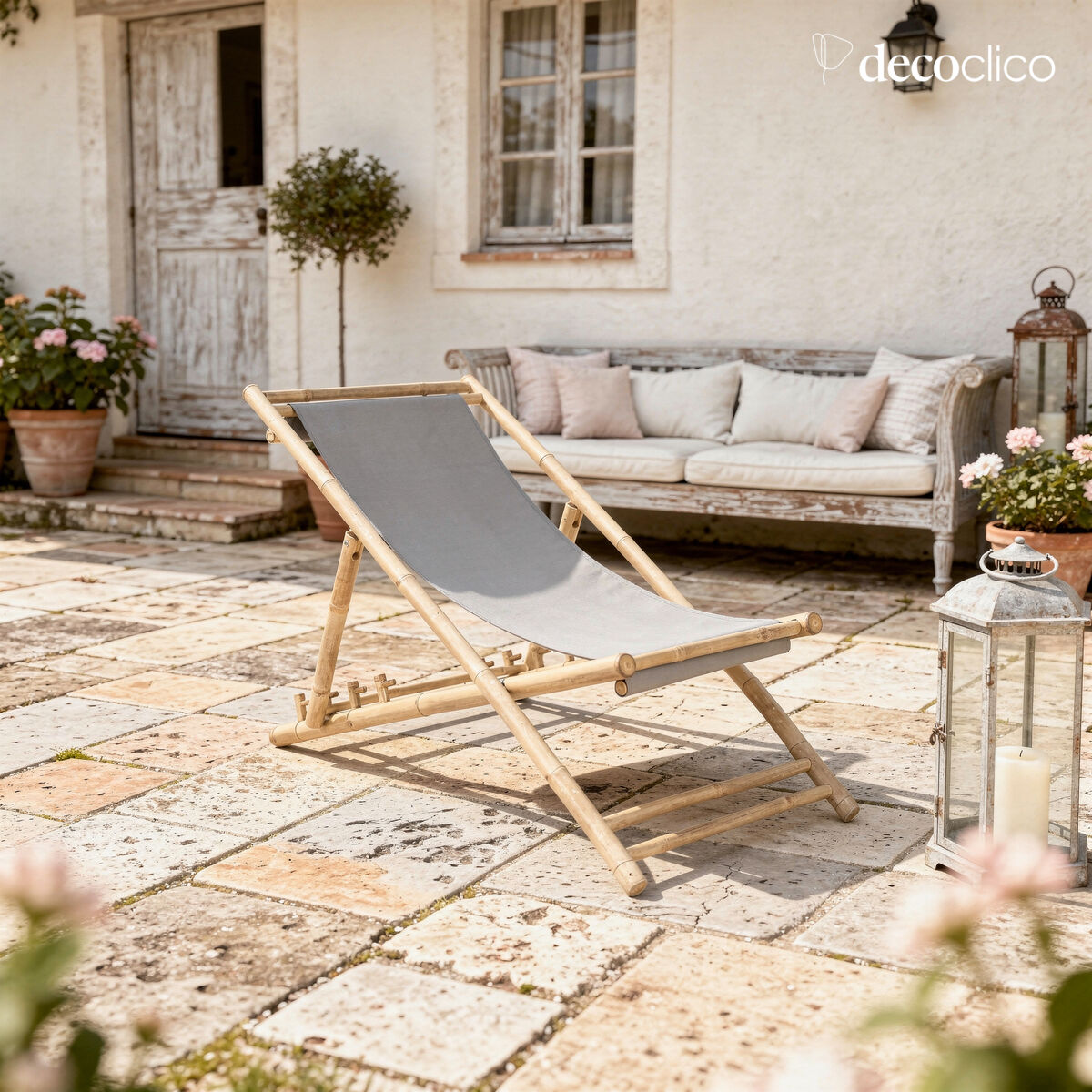 Transat chilienne en bambou naturel tissu gris outdoor Taman