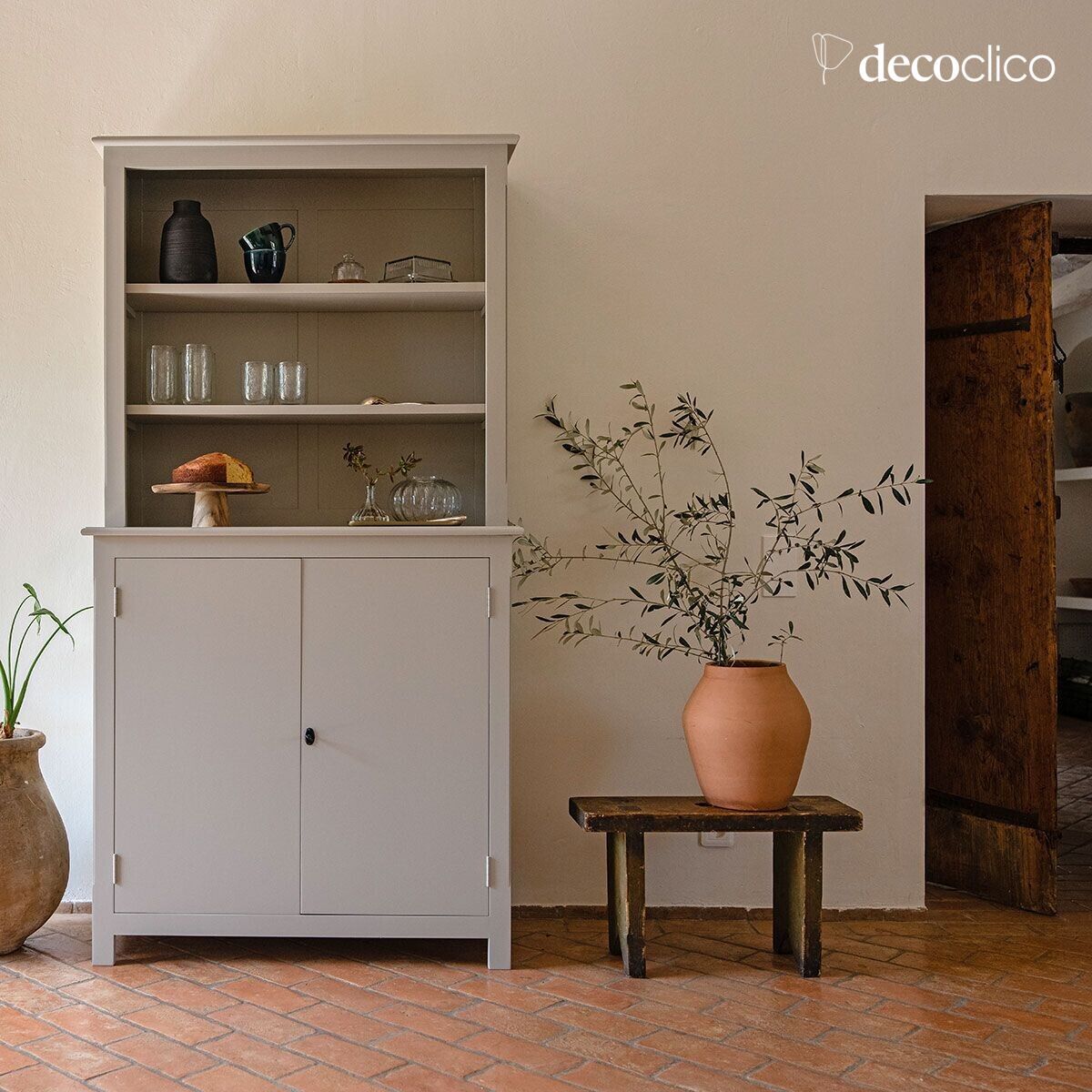 Vaisselier buffet deux corps en pin maritime gris claire Léandre Leandre