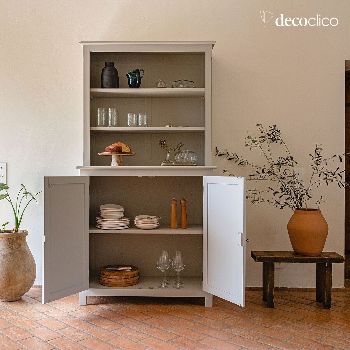 Vaisselier buffet deux corps en pin maritime gris claire Léandre Leandre