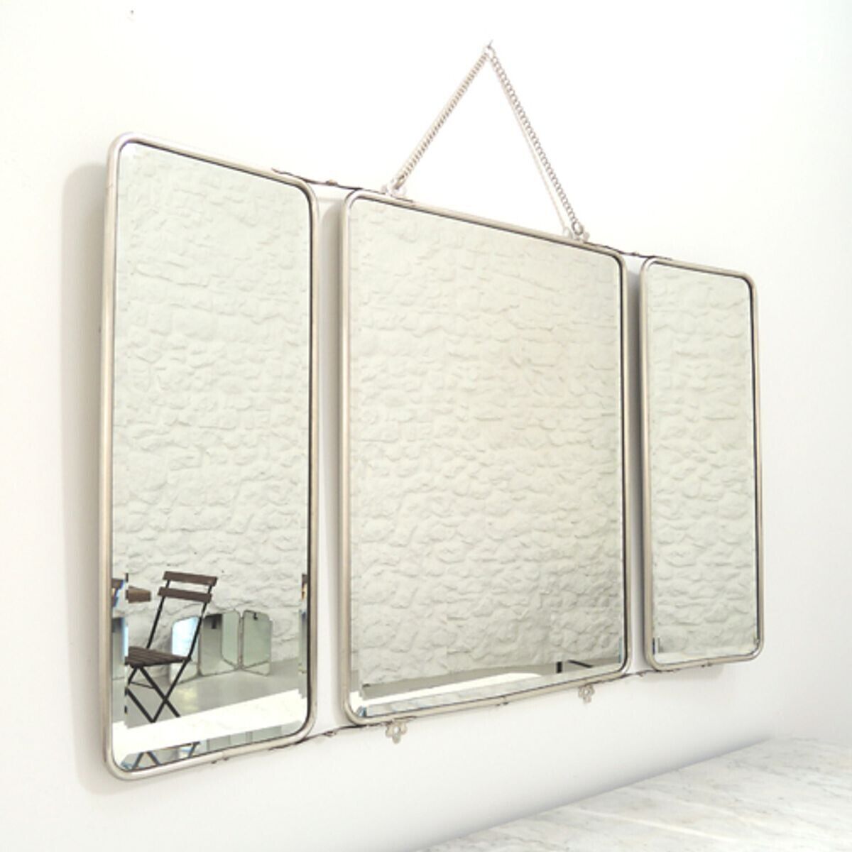 3-sided barber's mirror with nickel silver frame and chain 87 x 55 cm Chaumont