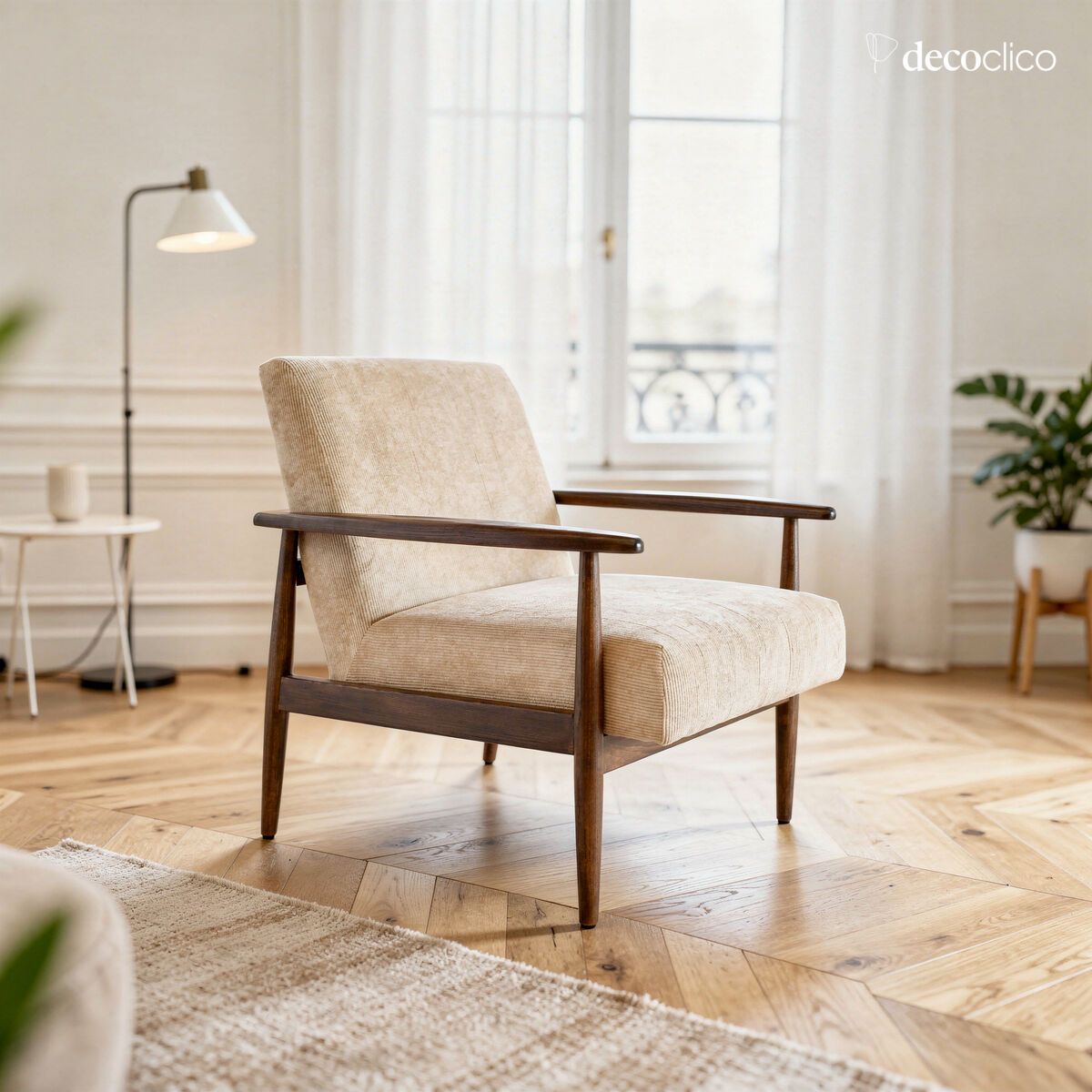 Armchair in ash and beige corduroy Octave