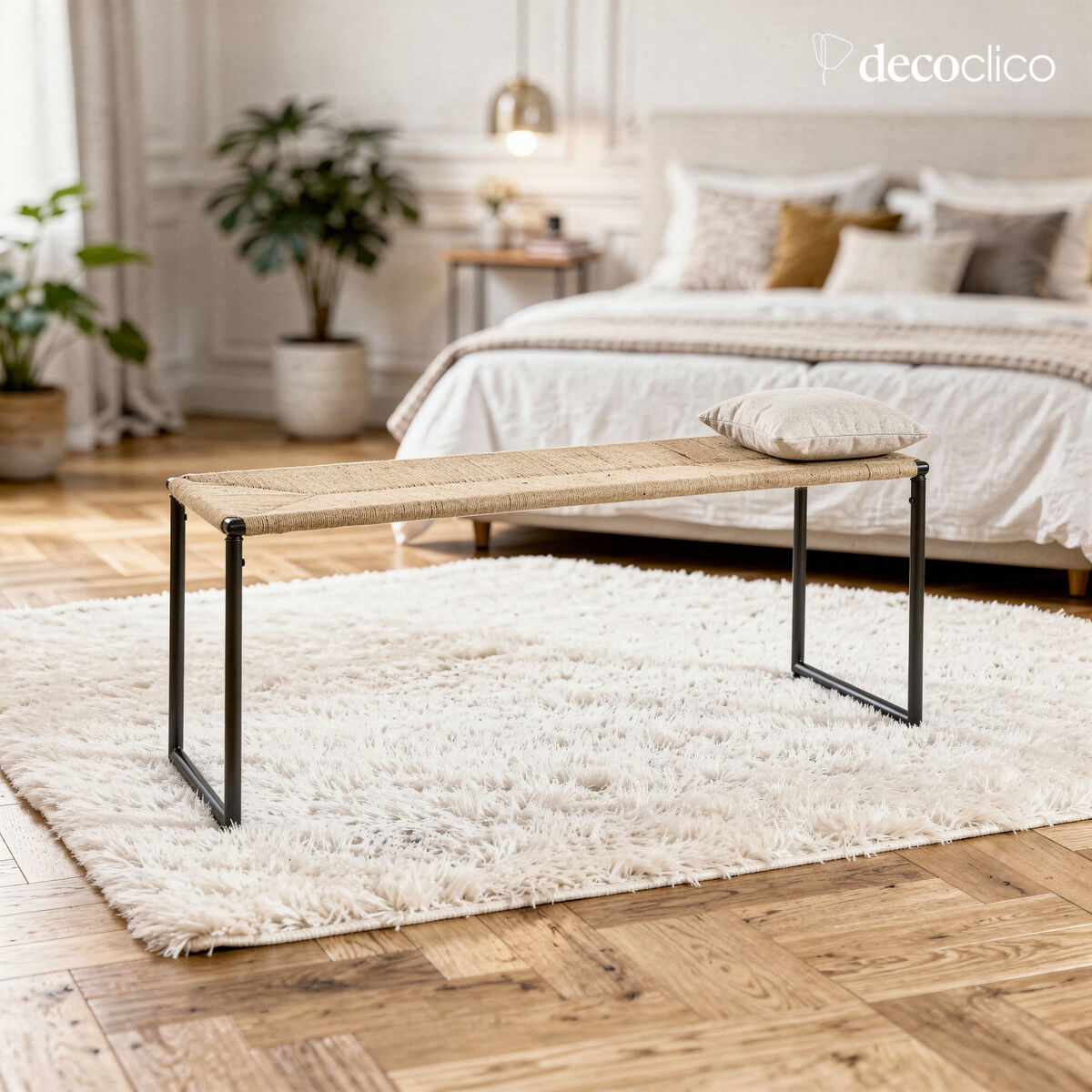 Bench for the end of the bed in matt black metal and rope Natura