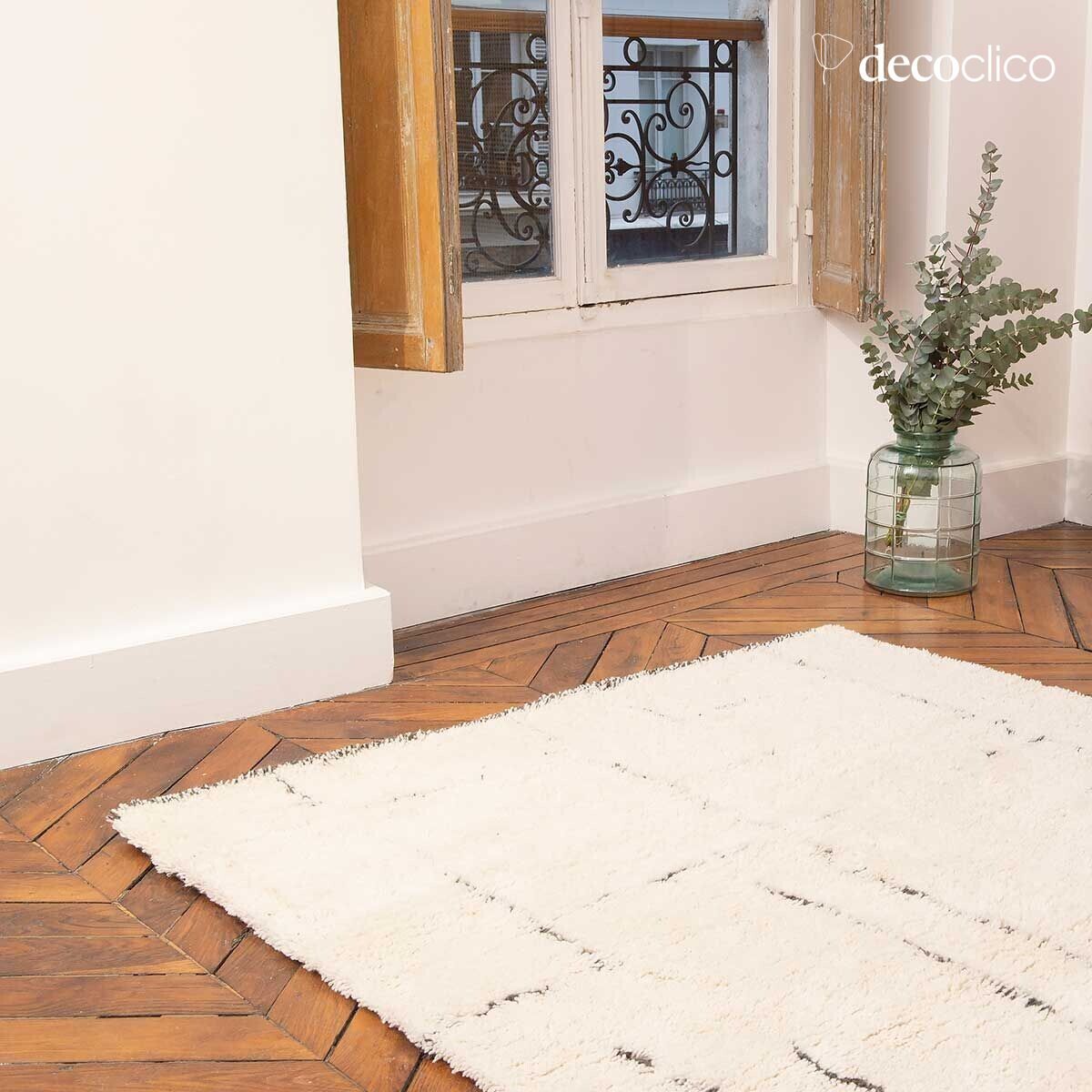 Berber-style rug, 100% ecru wool with hand-woven gray patterns, 140 x 200 cm Fro