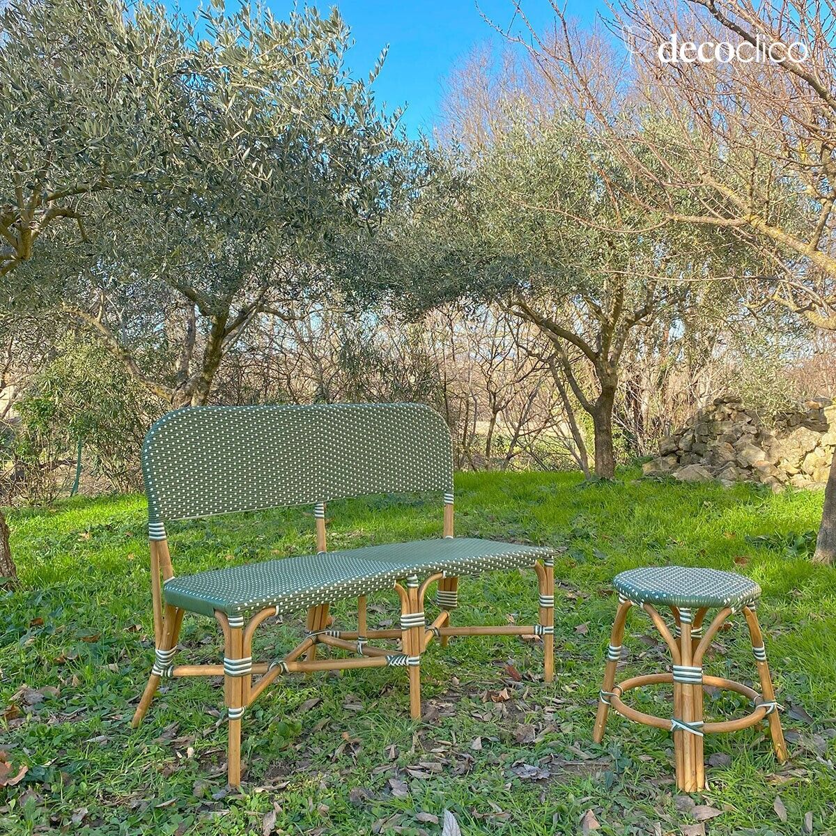 Bistro bench with rattan backrest and green and white woven resin Belleville