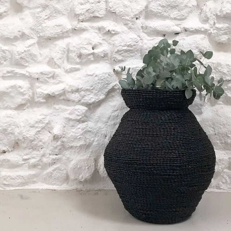 Black-colored, woven mendong jar H50 cm  Sumba