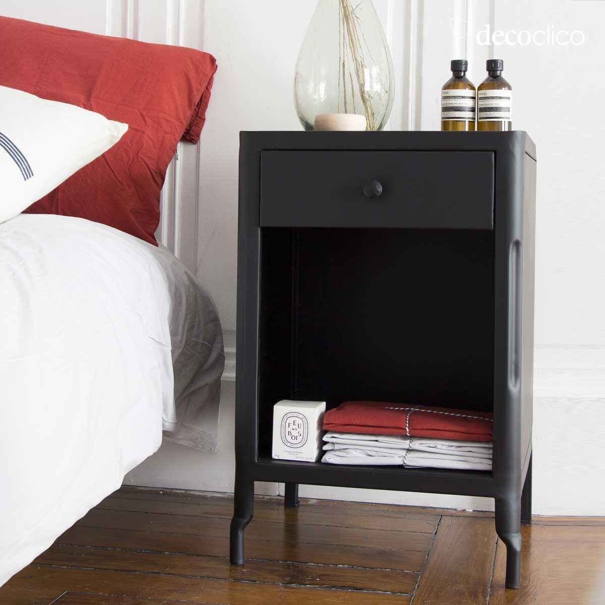 Black metal bedside table with 1 drawer and 1 recess