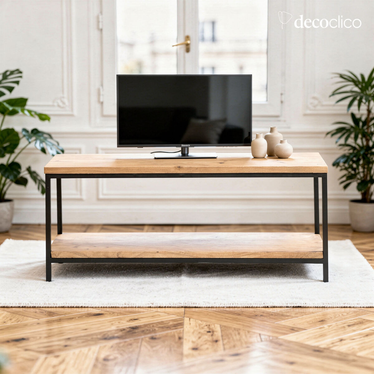 Black metal TV cabinet or bench with double mango wood top Brooke