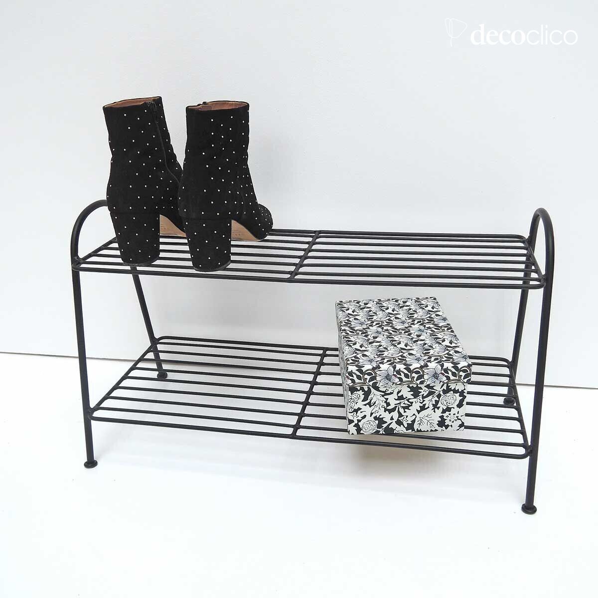 Black wire metal shoe rack with 2 shelves