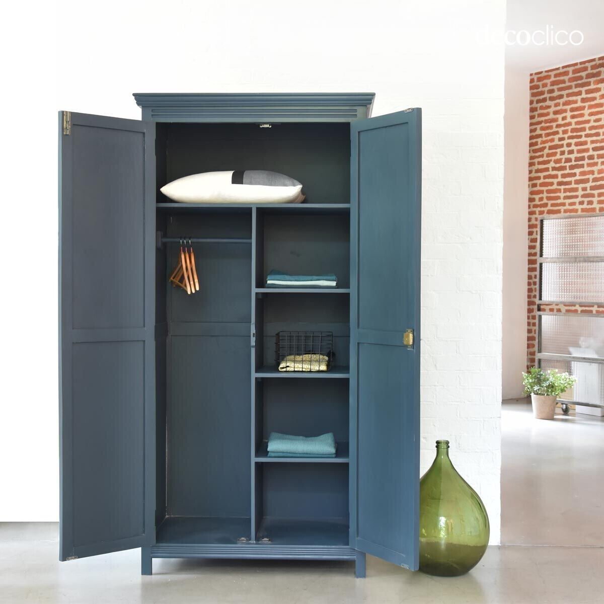 Blue Parisian wardrobe with 2 doors, shelves and hanging space Léandre