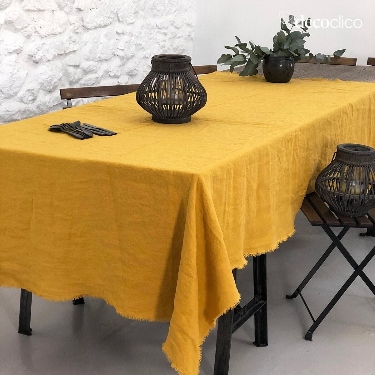 Casatera washed hemp tablecloth with mustard fringes - 170x250 cm Douro