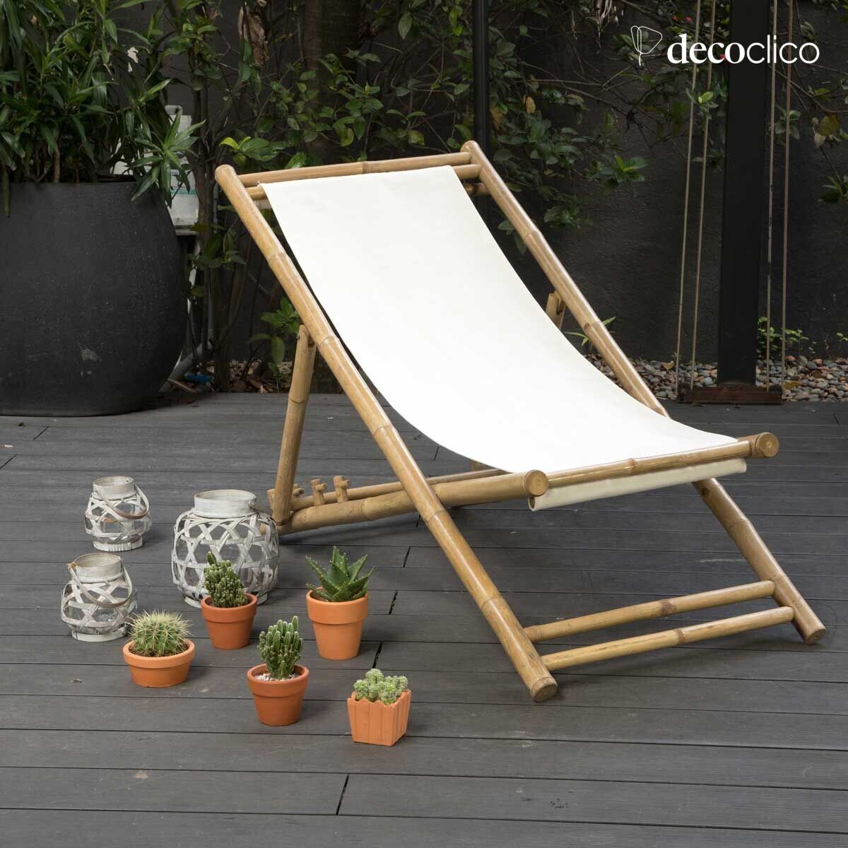 Chilean deckchair in natural bamboo and ecru canvas cotton Taman