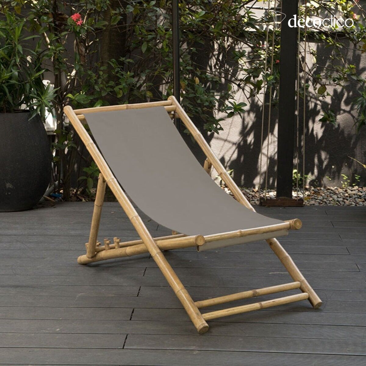 Chilean deckchair in natural bamboo with gray outdoor fabric Taman