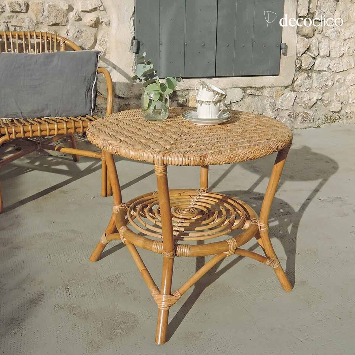 Coffee table pedestal table with natural woven rattan top Cabourg