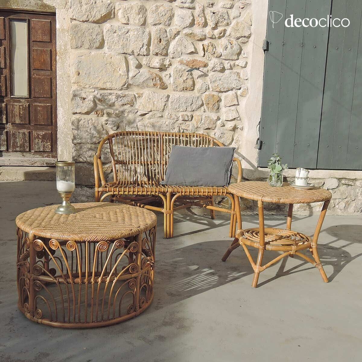 Coffee table pedestal table with natural woven rattan top Cabourg