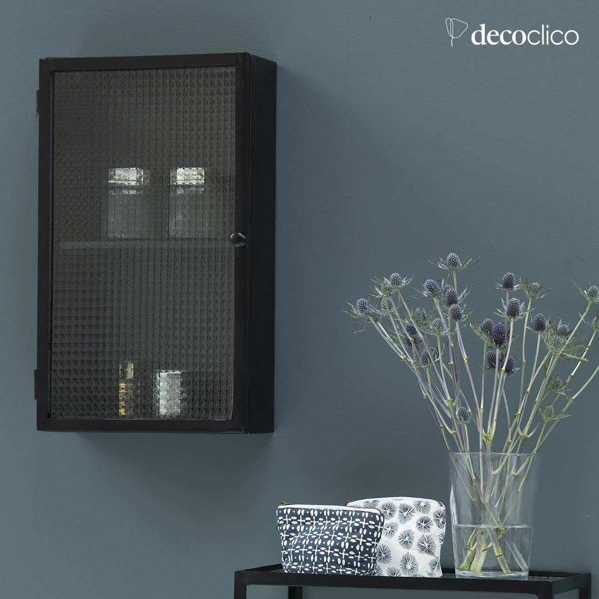 Etagère murale armoirette en métal noir porte en verre