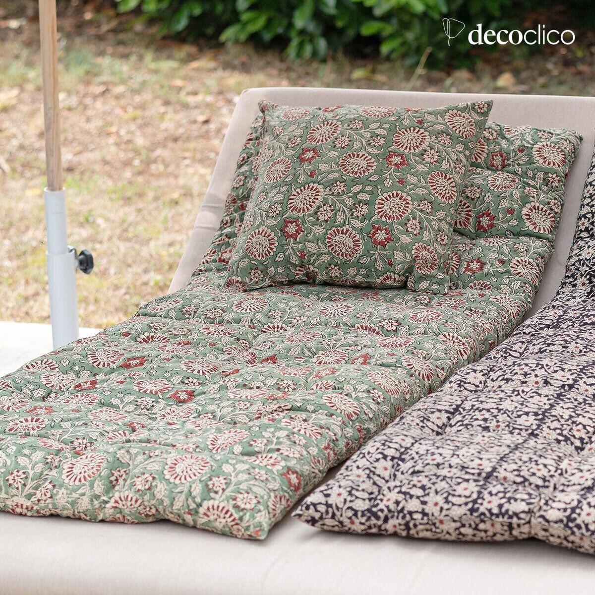 Futon floor mattress in block print cotton, predominantly green Pamir