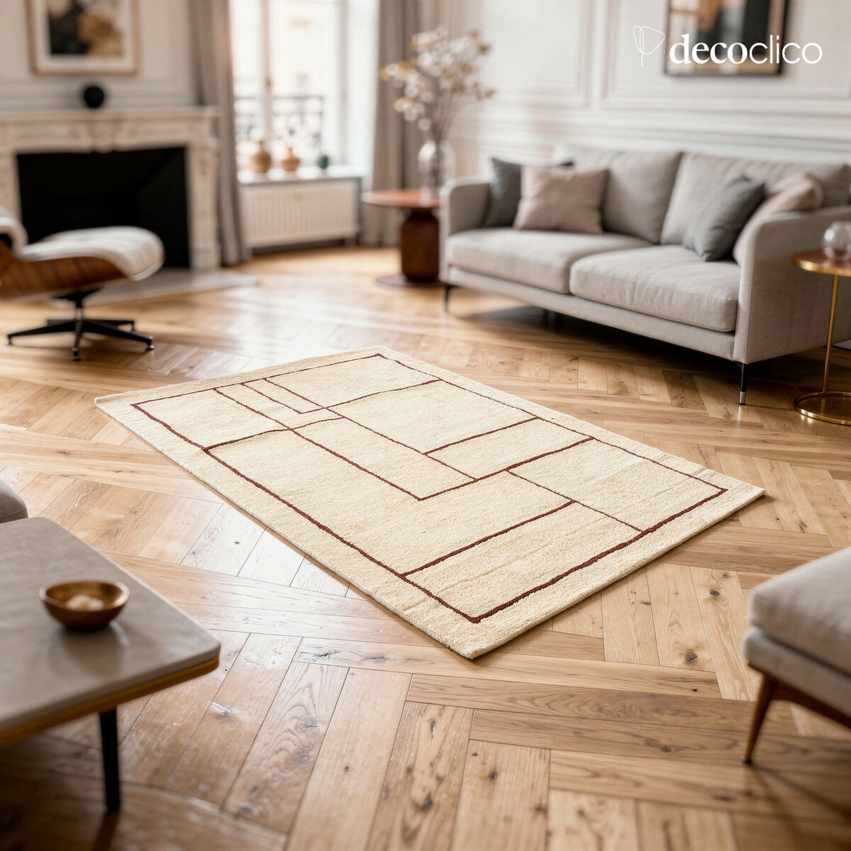 Hand-woven 100% ecru wool carpet with terracotta motifs 160 x 230 cm Bergen