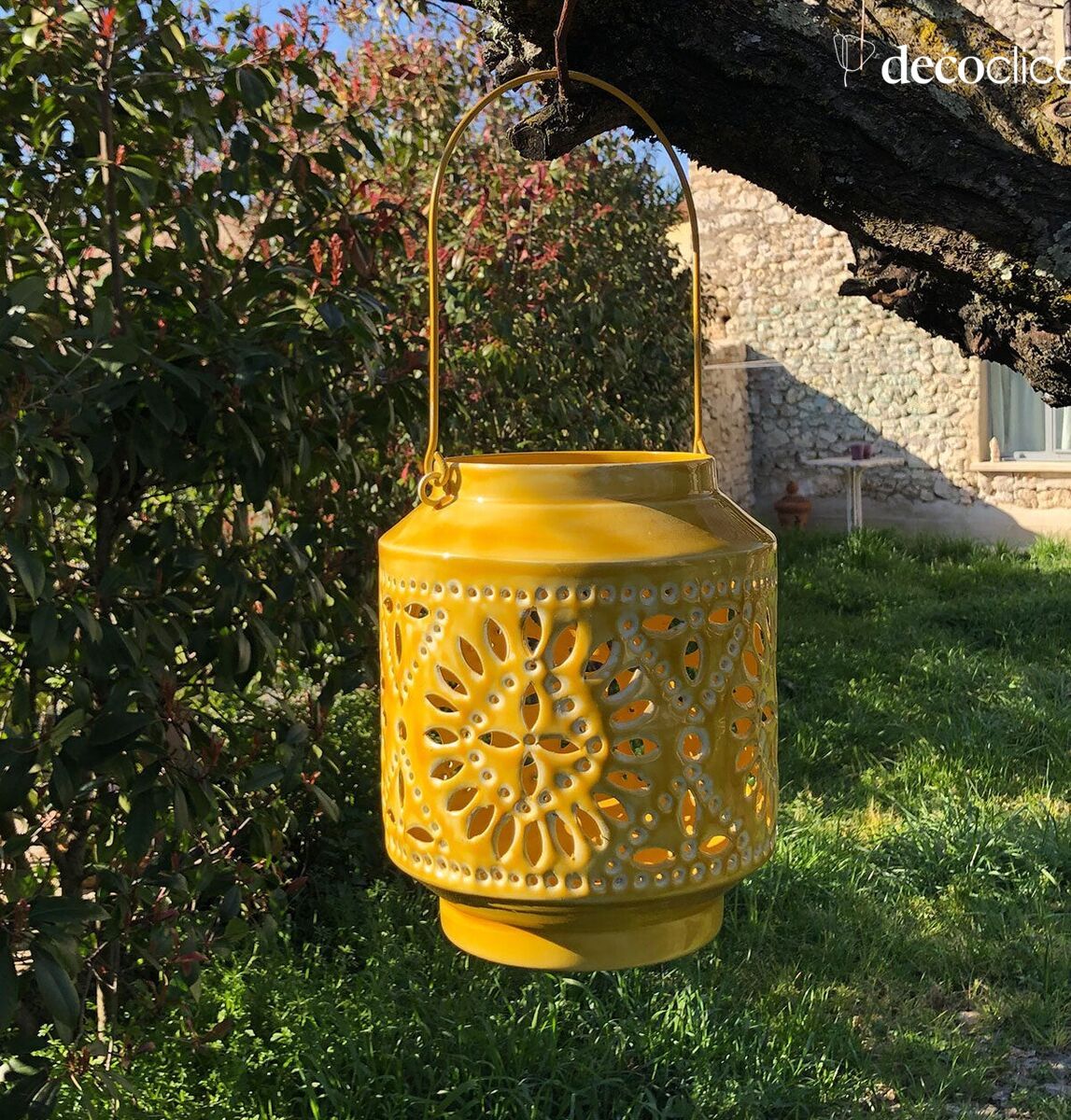 Lantern candle holder in mustard openwork enamelled metal with handle Polka