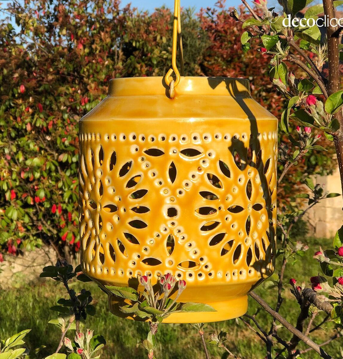 Lantern candle holder in mustard openwork enamelled metal with handle Polka