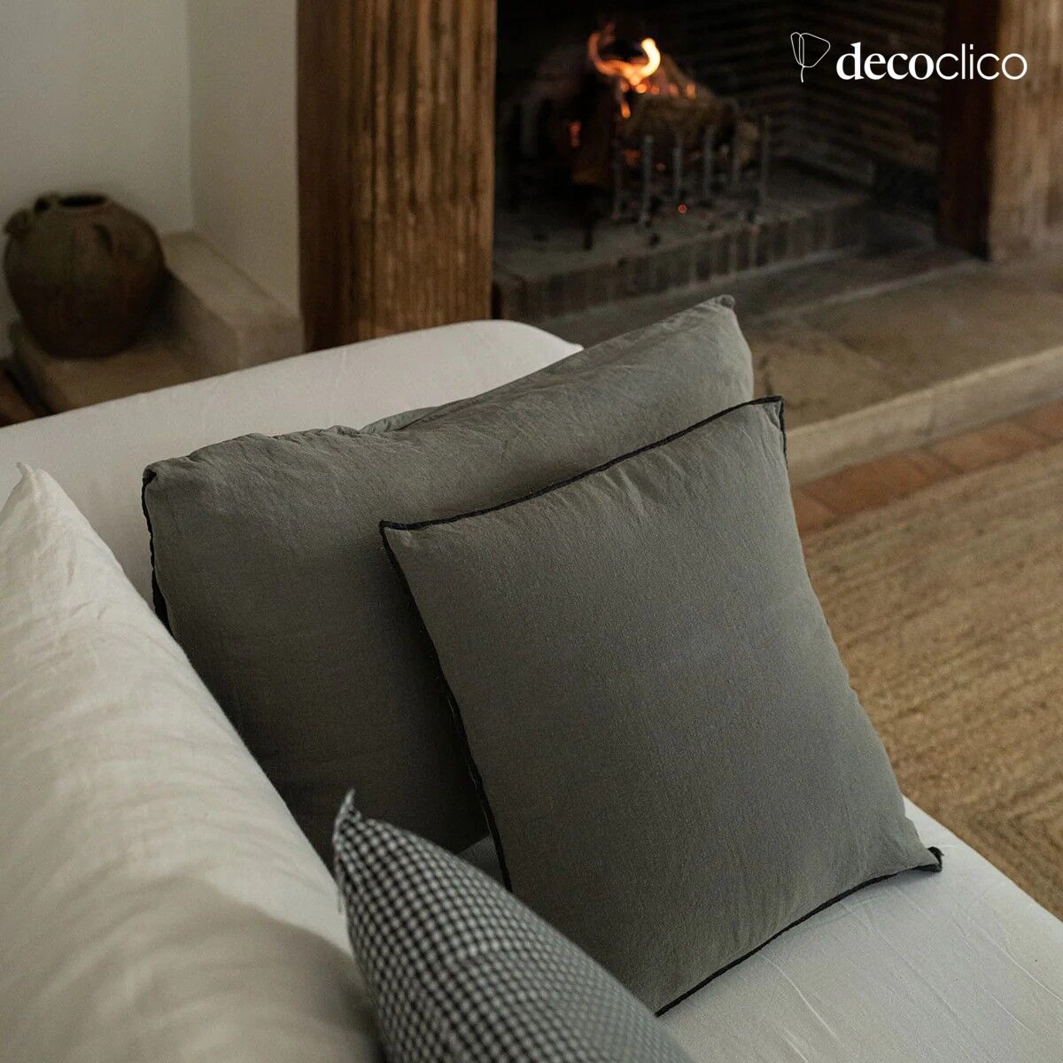 Linen cushion, washed in green with charcoal overlock - 45x45cm Oslo