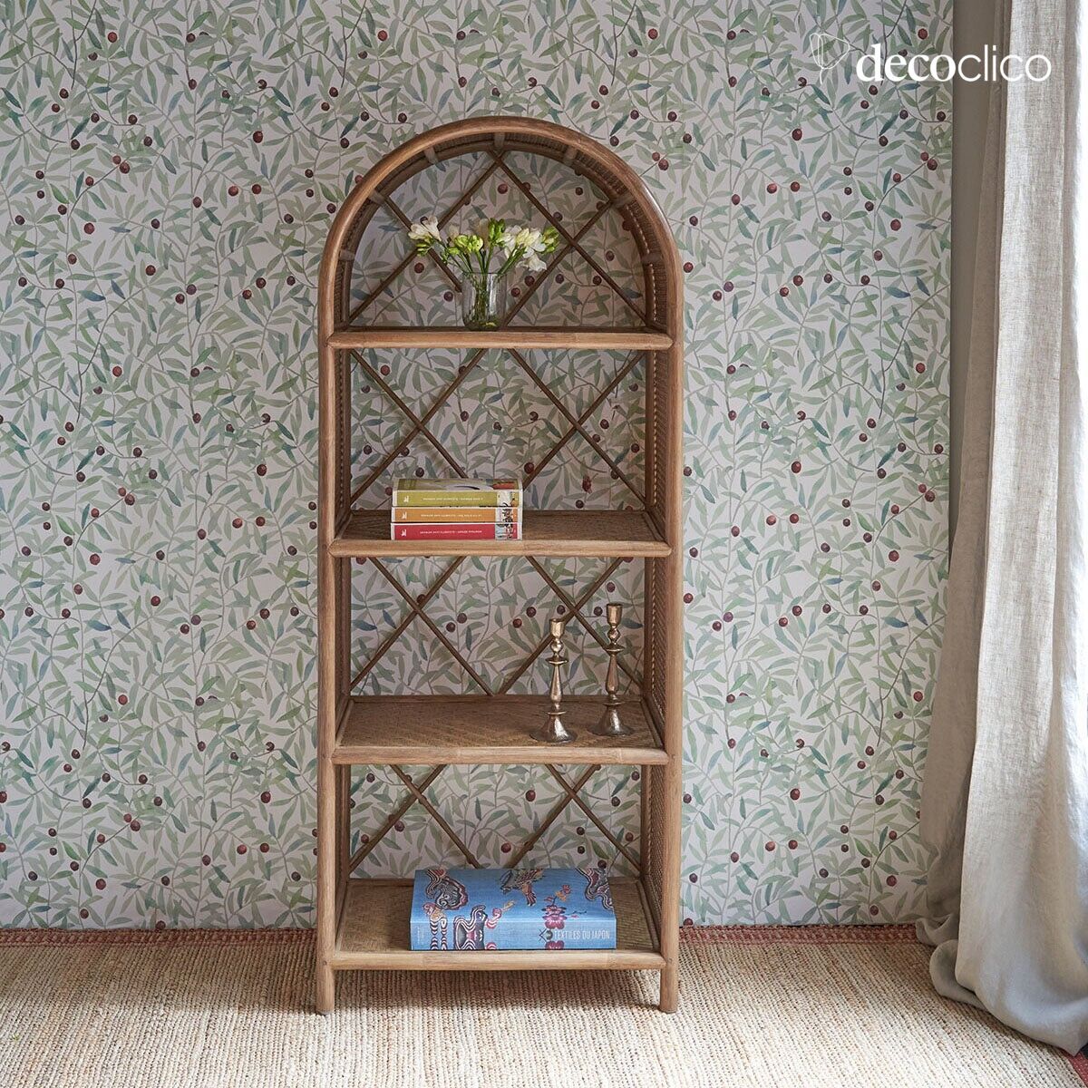 Low rattan and brown cane shelf bookcase Rosalie