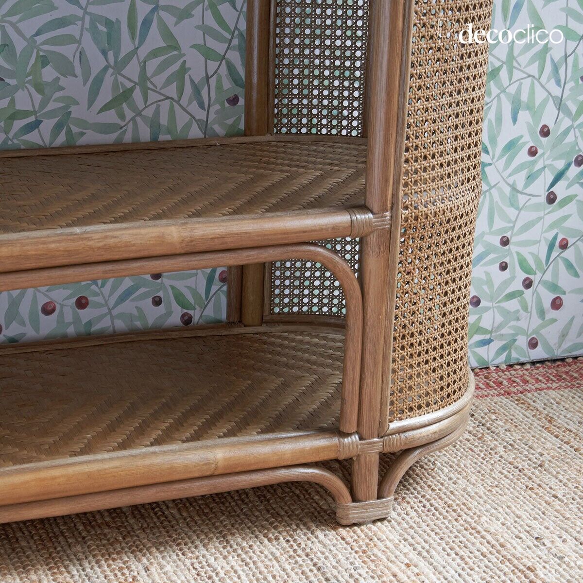 Low rattan and brown cane shelf bookcase Rosalie